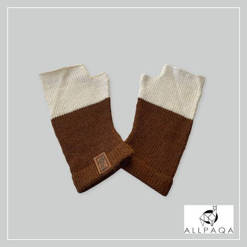 Handmade alpaca fingerless gloves in white and brown