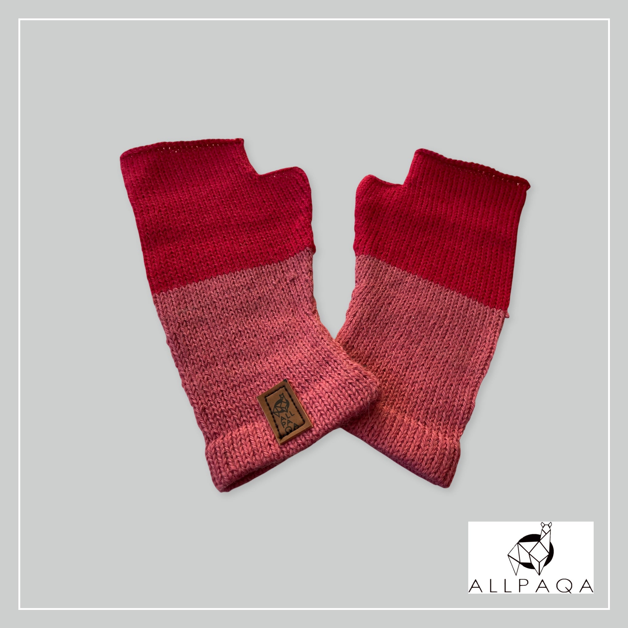 Handmade alpaca fingerless gloves in light pink and deep pink