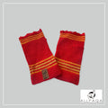 Handmade alpaca fingerless gloves in red with orange and yellow strips