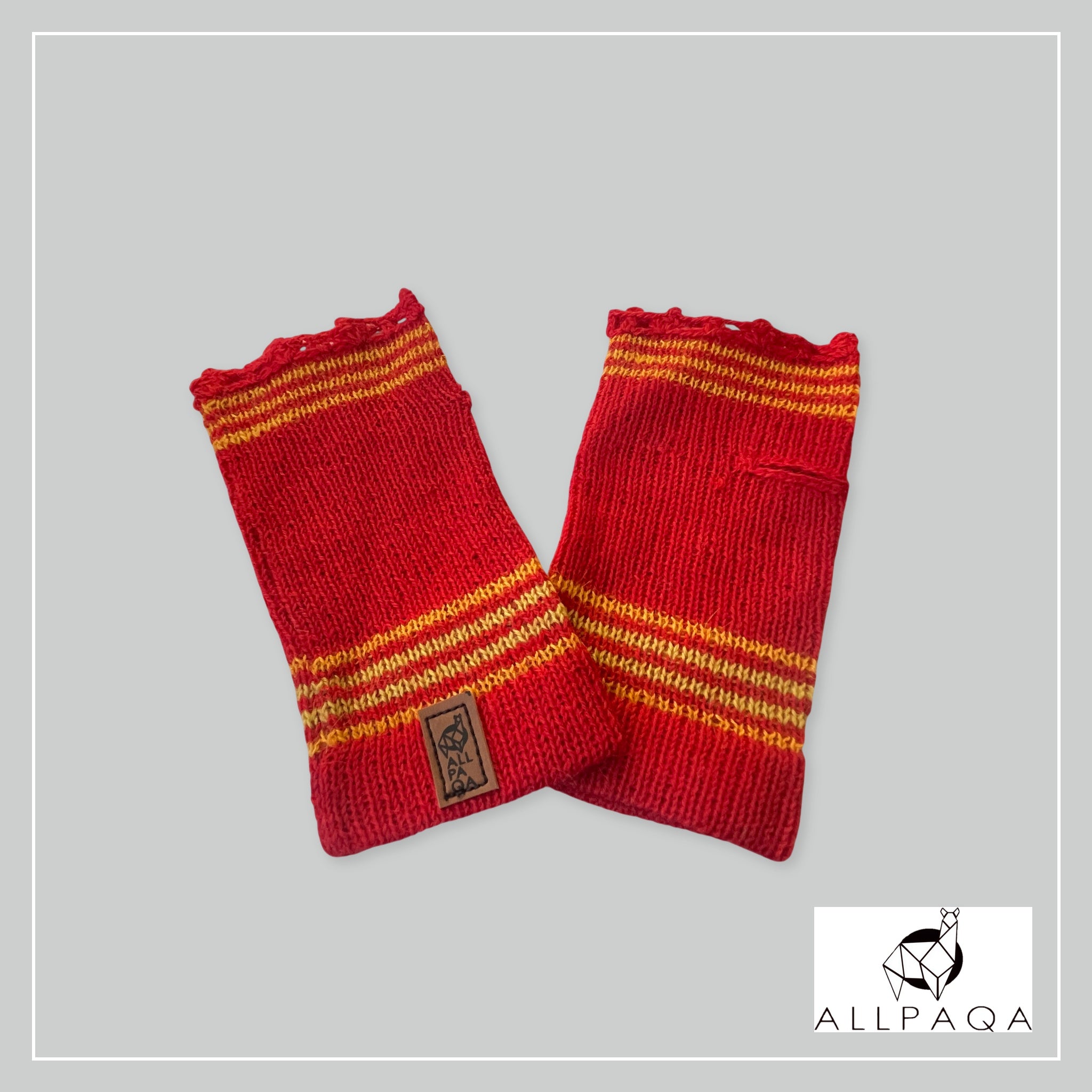 Handmade alpaca fingerless gloves in red with orange and yellow strips
