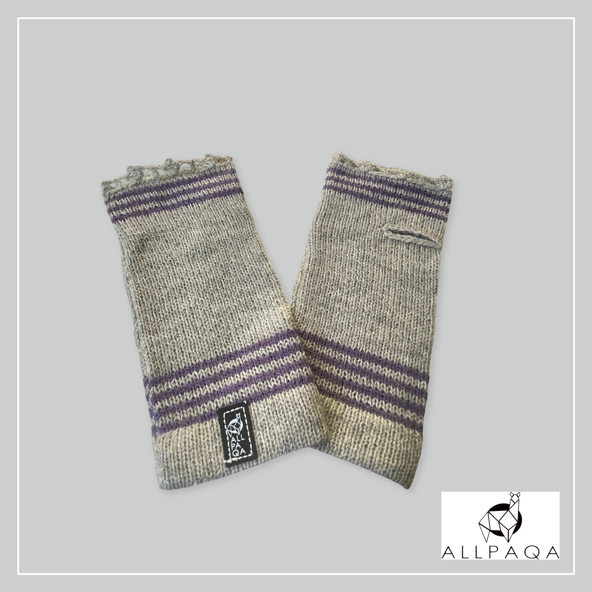 Handmade alpaca fingerless gloves in grey with purple strips