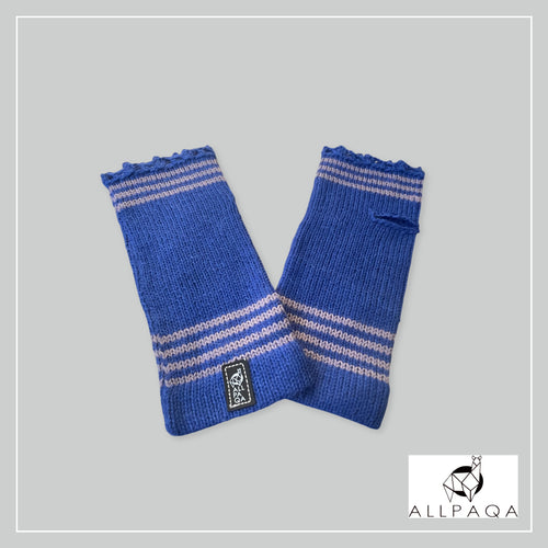 Handmade alpaca fingerless gloves in blue with grey stripes