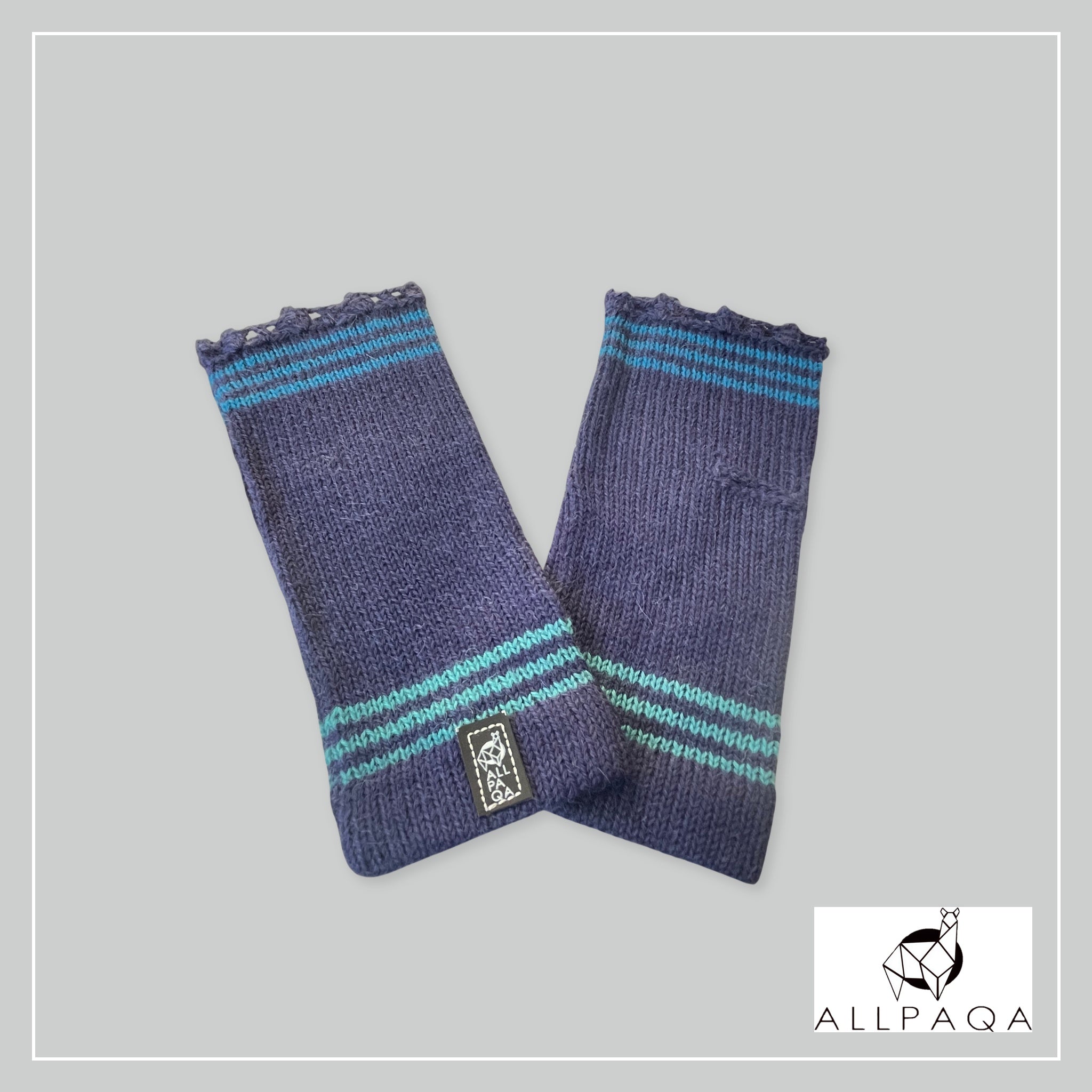 Handmade alpaca fingerless gloves in dark blue with blue strips