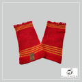 Handmade alpaca fingerless gloves in red with orange strips