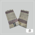 Handmade alpaca fingerless gloves in grey with two tone purple strips