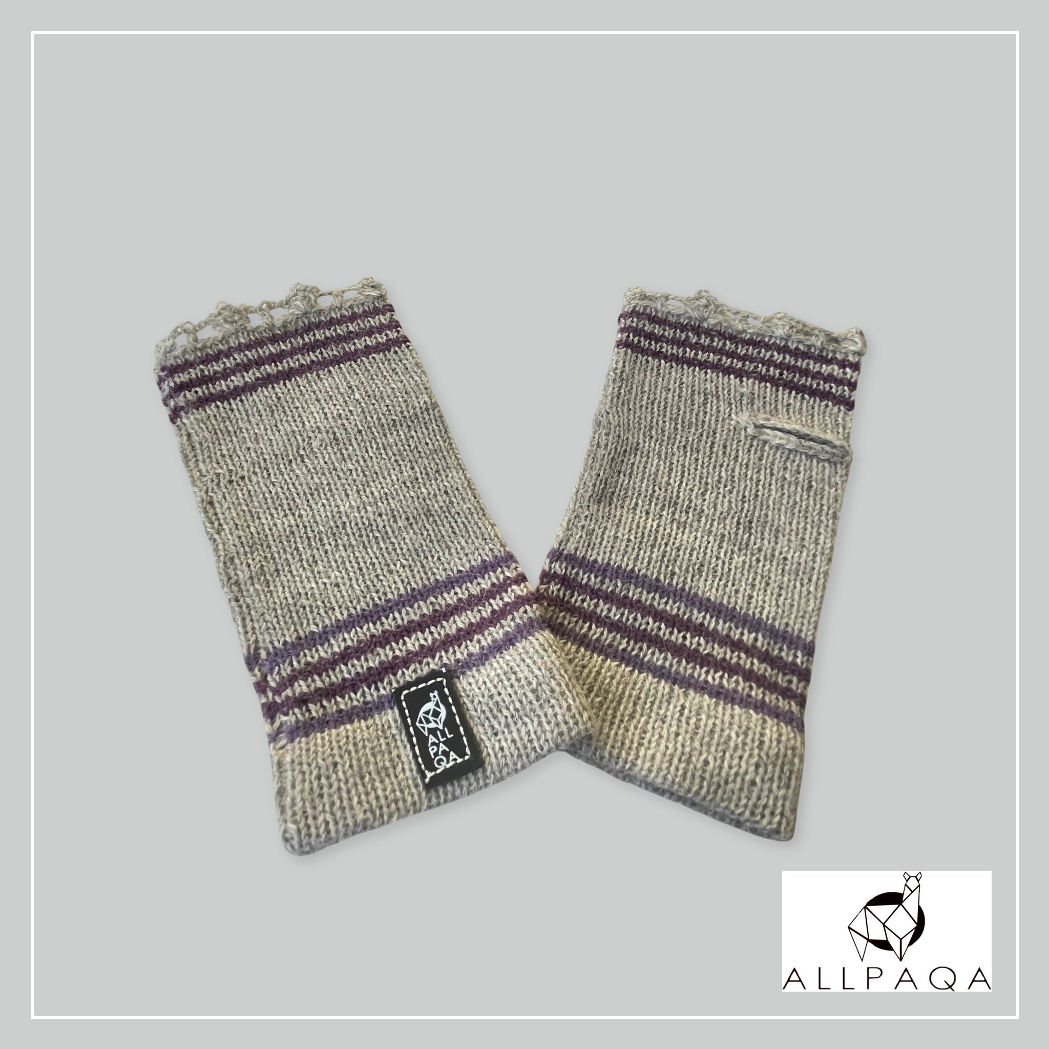 Handmade alpaca fingerless gloves in grey with two tone purple strips
