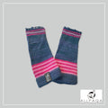 Handmade alpaca fingerless gloves in blue with two tone pink strips