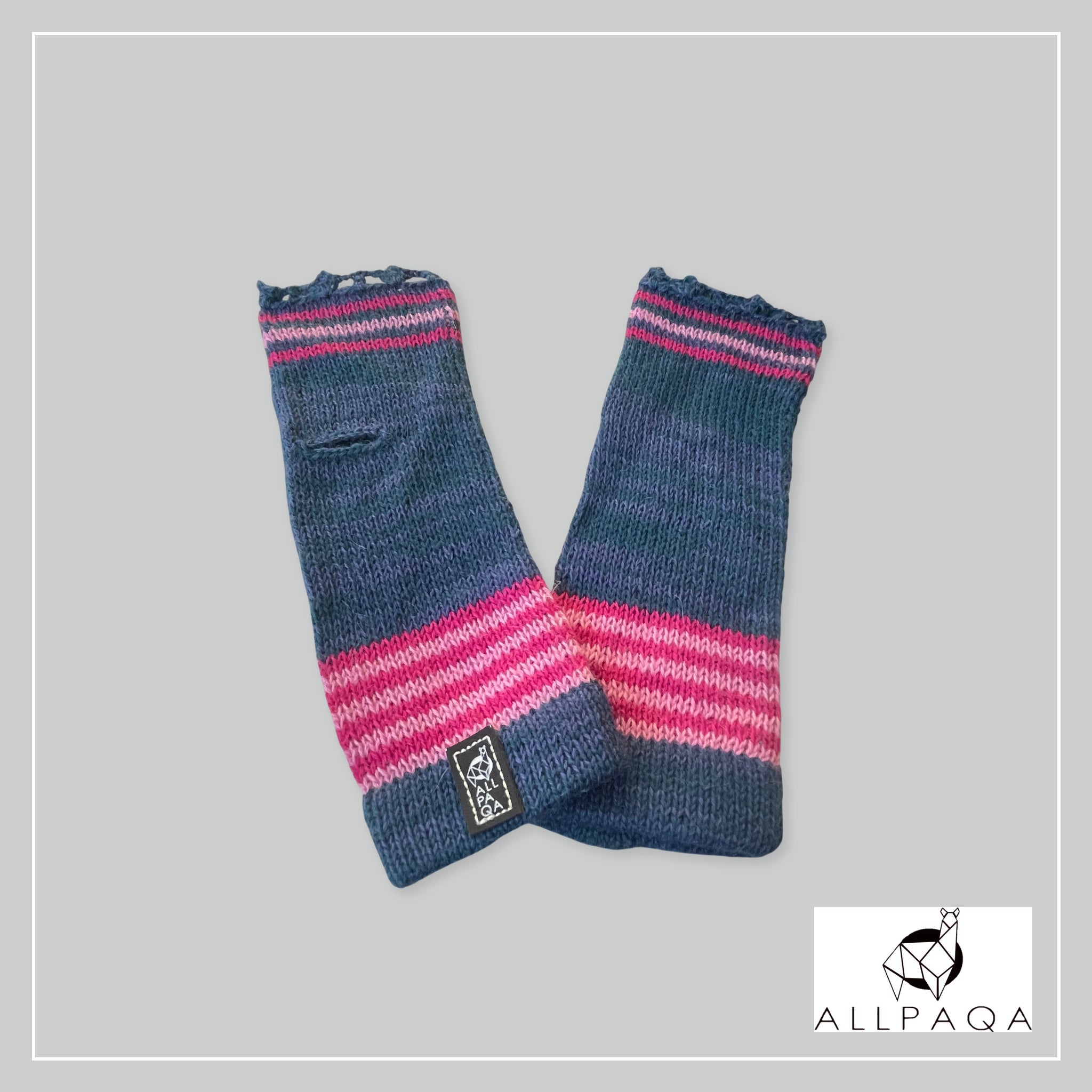 Handmade alpaca fingerless gloves in blue with two tone pink strips