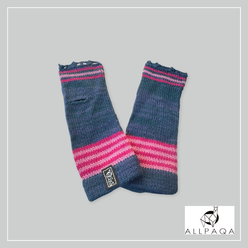 Handmade alpaca fingerless gloves in blue with two tone pink stripes