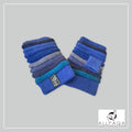 Handmade thicker alpaca fingerless gloves in blue with shades of blue