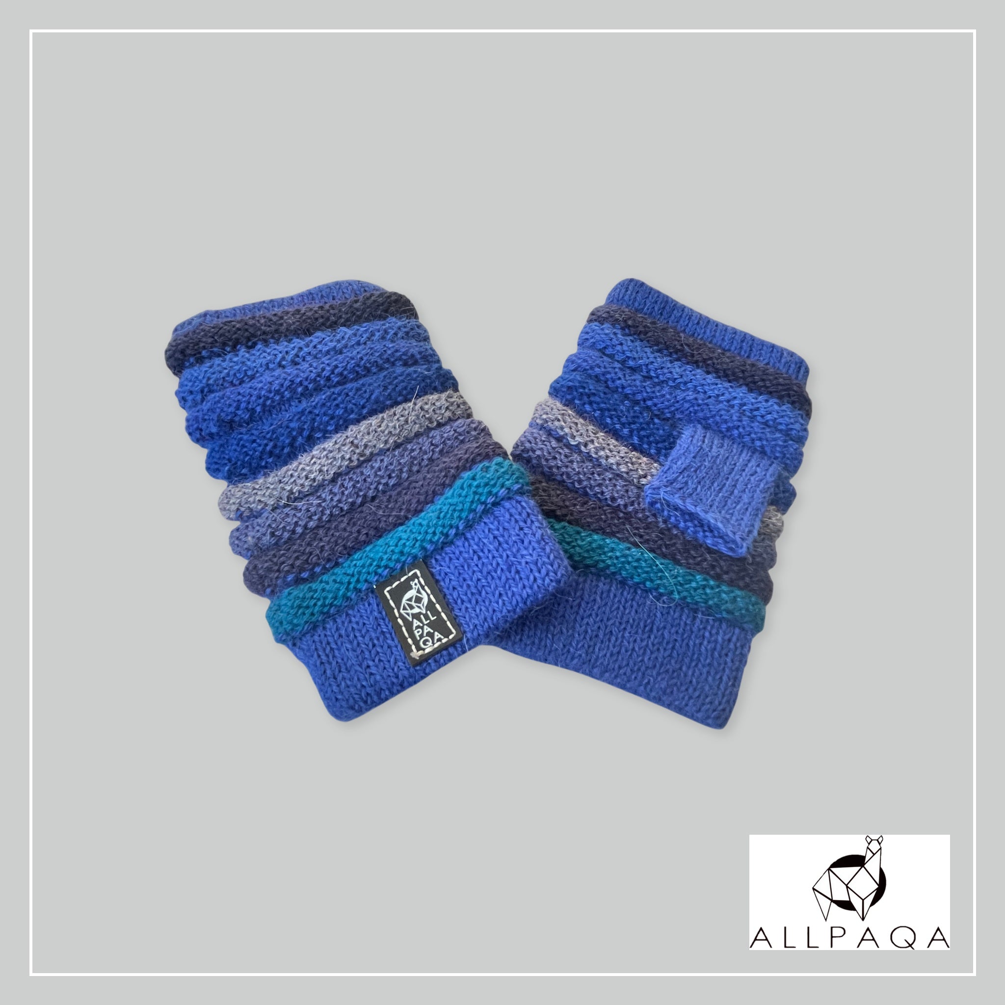 Handmade thicker alpaca fingerless gloves in blue with shades of blue