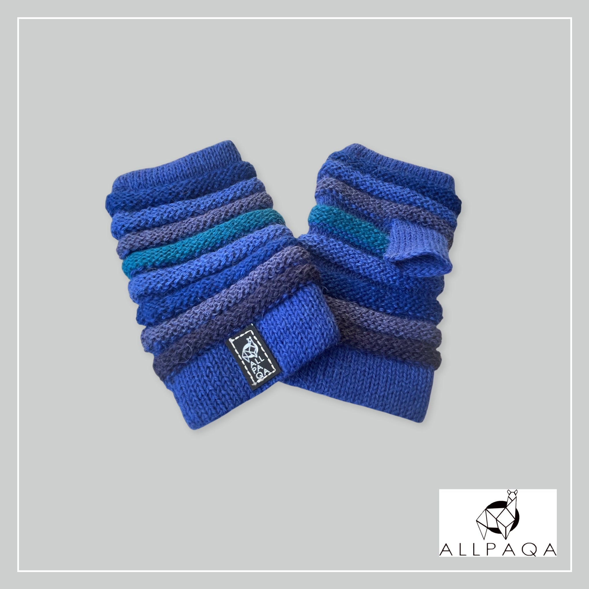 Handmade thicker alpaca fingerless gloves in dark blue with shades of blue