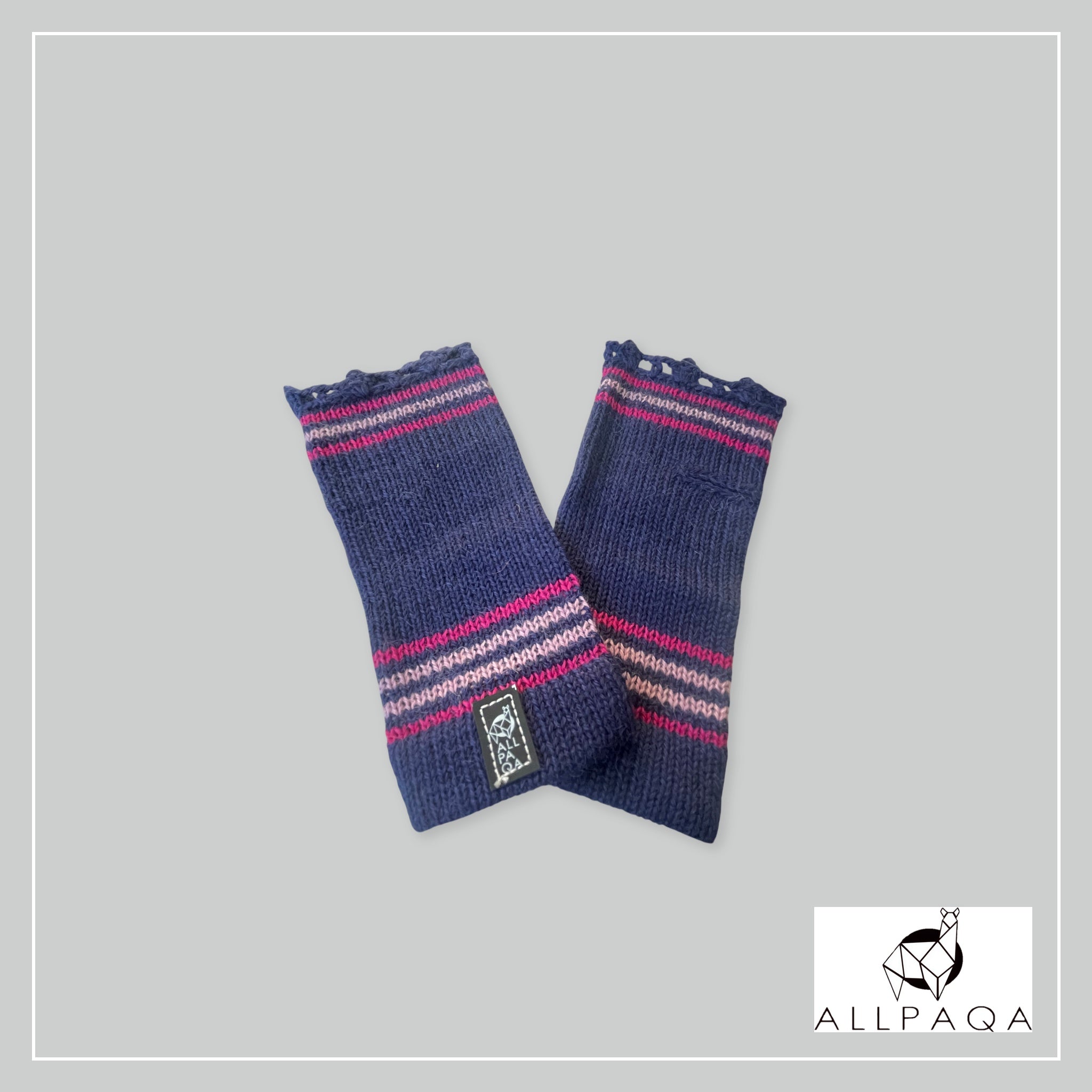 Handmade alpaca fingerless gloves in purple with two tone purple strips