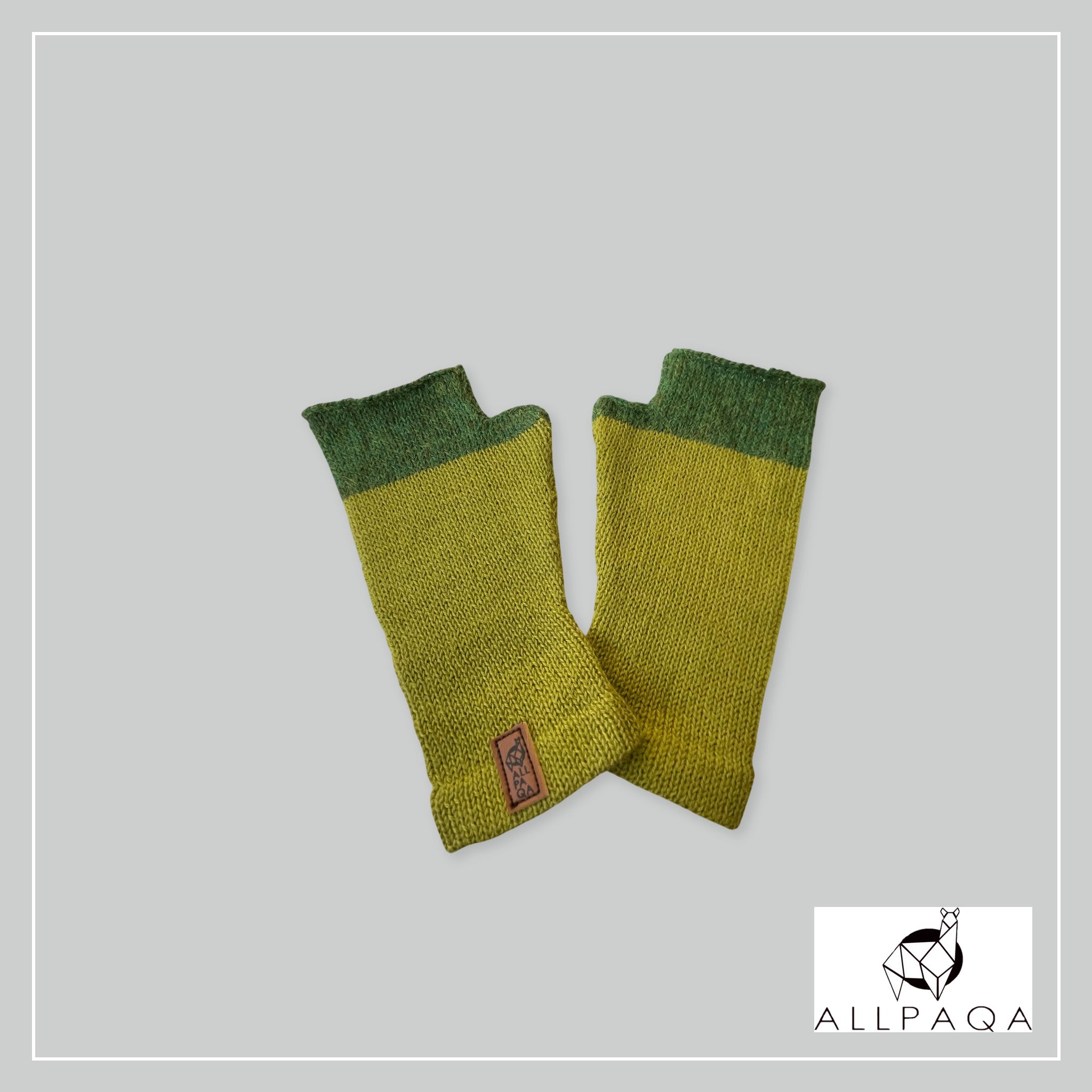 Handmade alpaca fingerless gloves in green and dark green