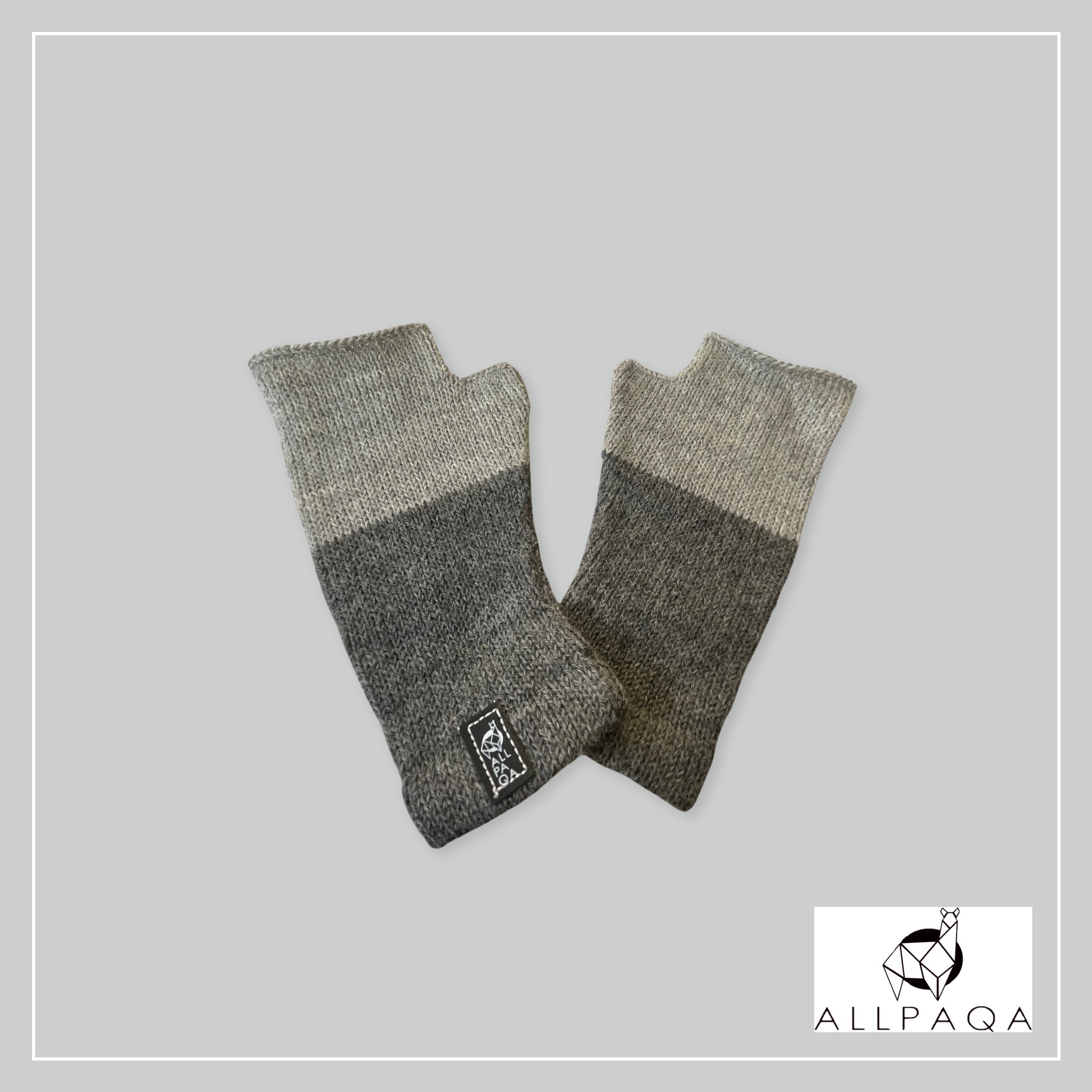 Handmade alpaca fingerless gloves in grey and light grey