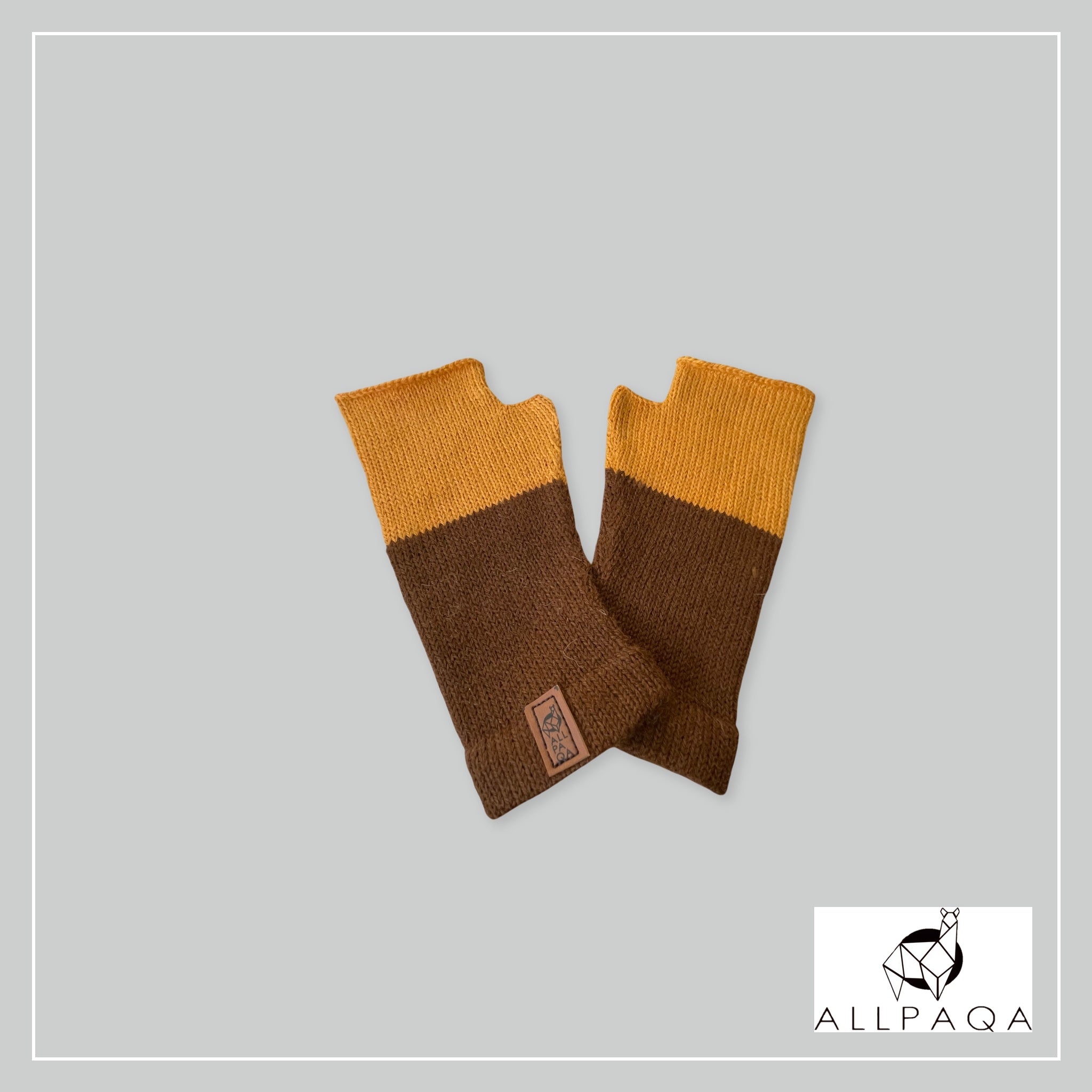 Handmade alpaca fingerless gloves in brown and orange