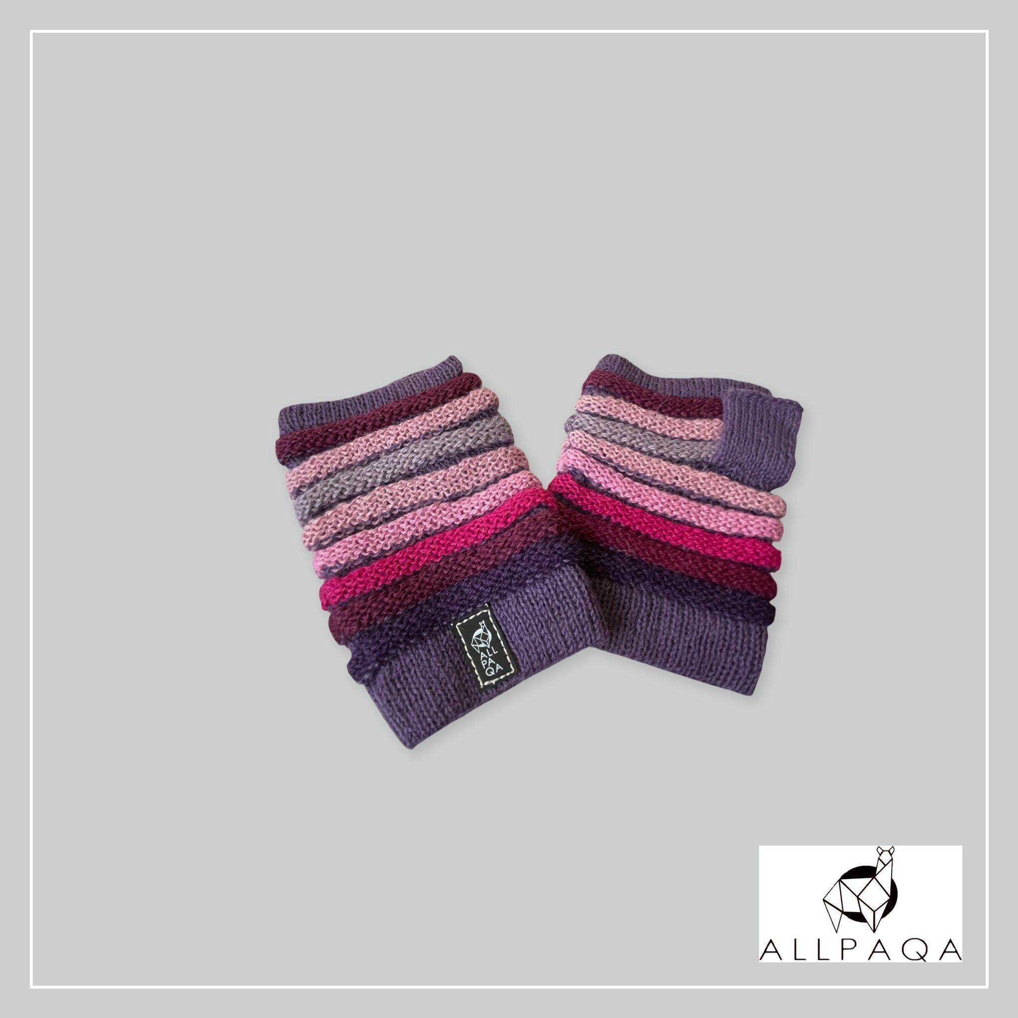 Handmade thicker alpaca fingerless gloves in purple with shades of pink