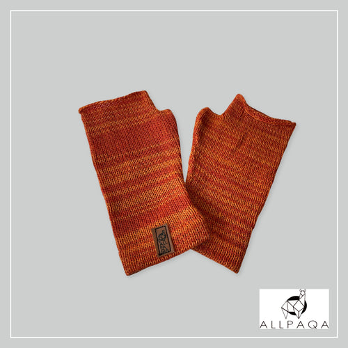 Handmade alpaca fingerless gloves in orange and dark orange