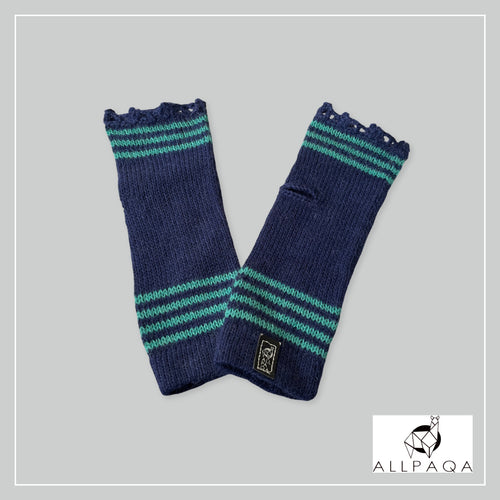 Handmade alpaca fingerless gloves in blue with light blue stripes