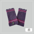 Handmade alpaca fingerless gloves in purple with two tone pink strips