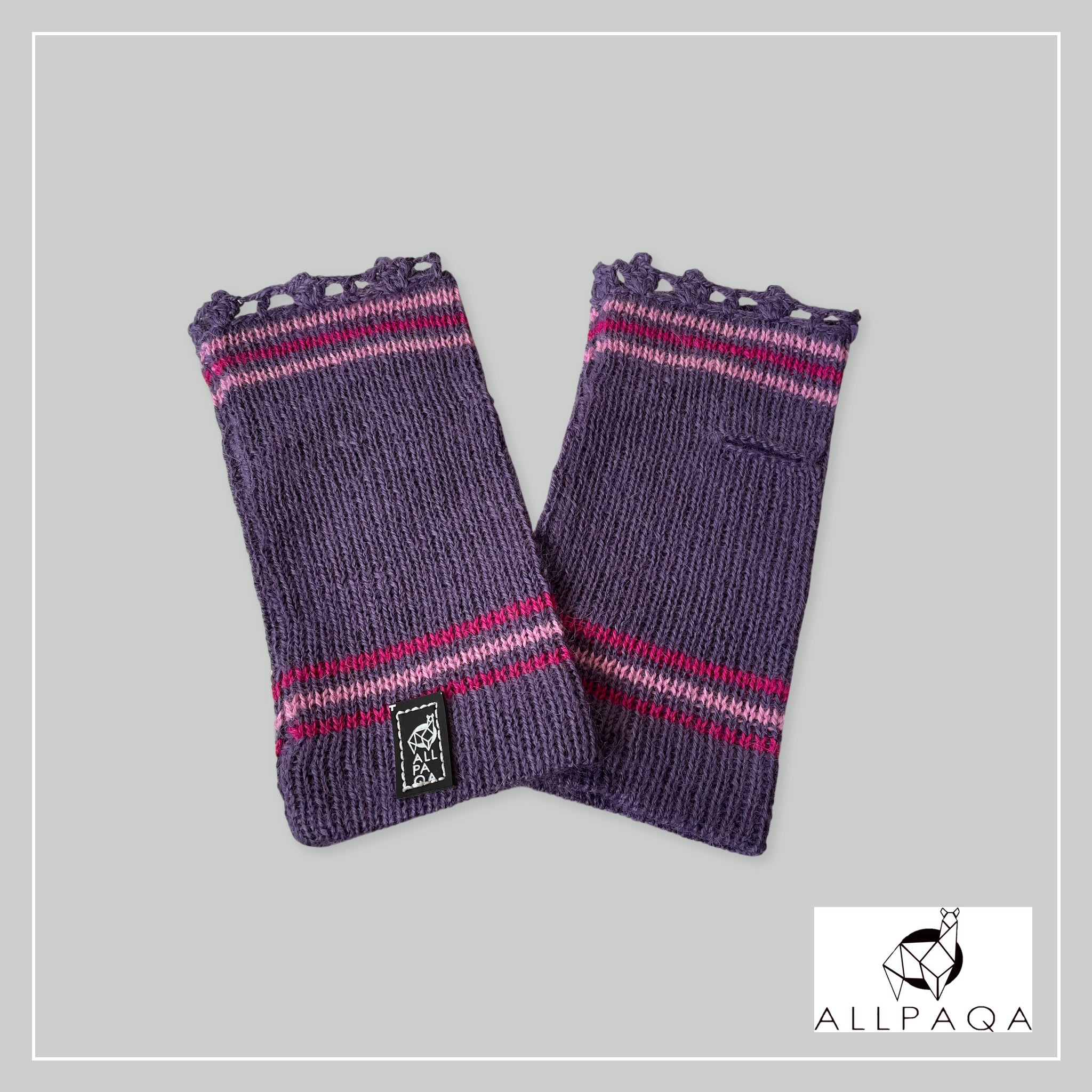 Handmade alpaca fingerless gloves in purple with two tone pink strips