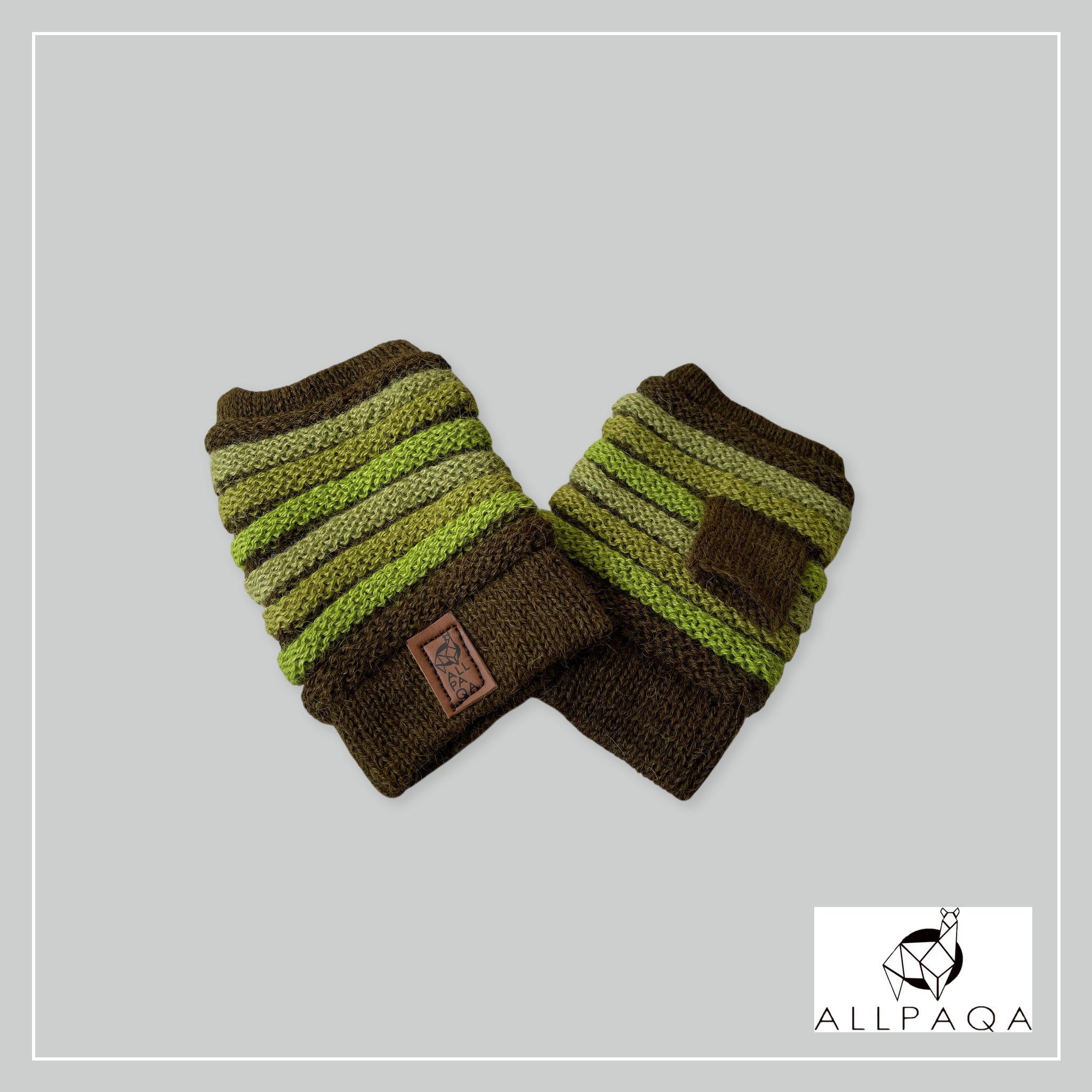 Handmade thicker alpaca fingerless gloves in dark green with shades of green