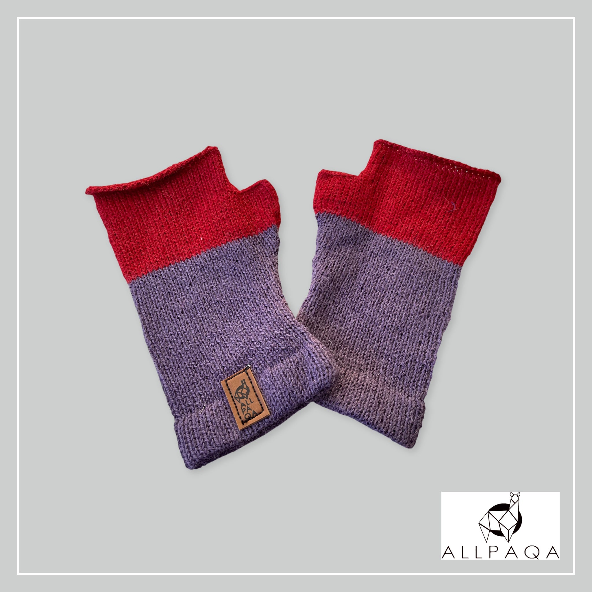 Handmade alpaca fingerless gloves in purple and deep pink