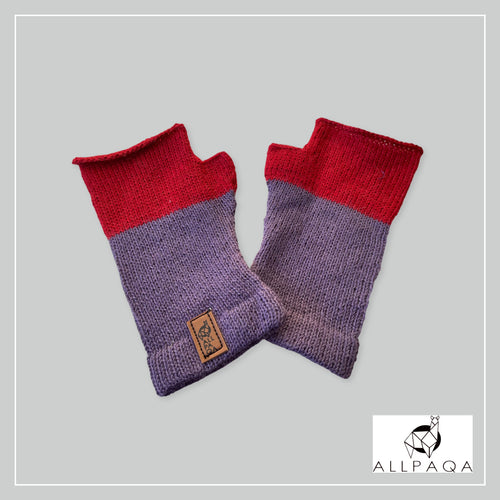 Handmade alpaca fingerless gloves in purple and deep pink