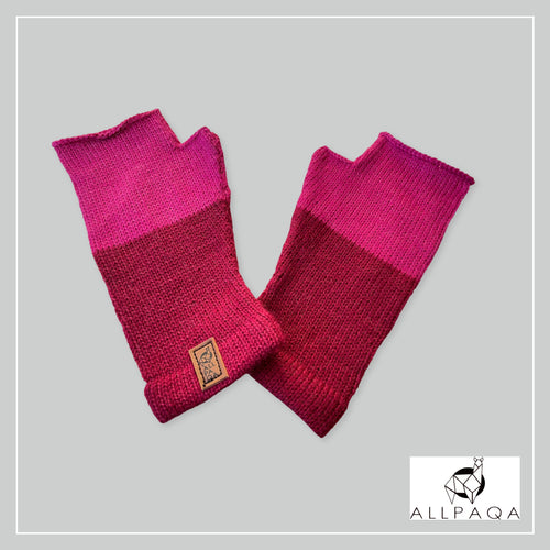 Handmade alpaca fingerless gloves in pink and deep pink