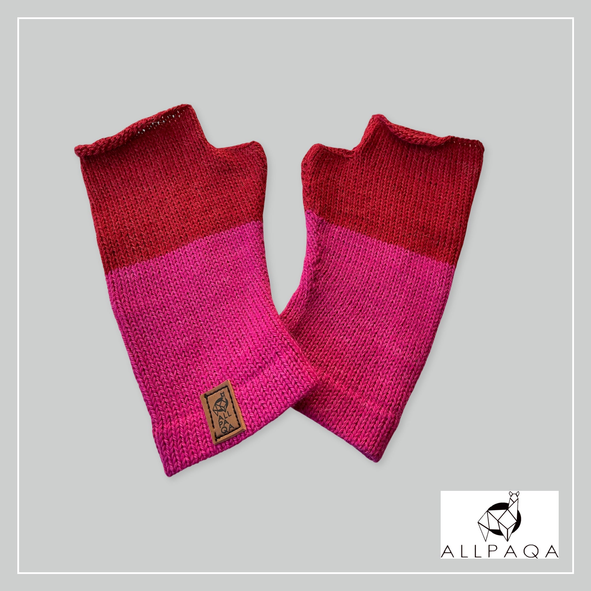 Handmade alpaca fingerless gloves in deep pink and red