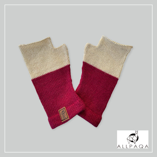 Handmade alpaca fingerless gloves in white and deep pink