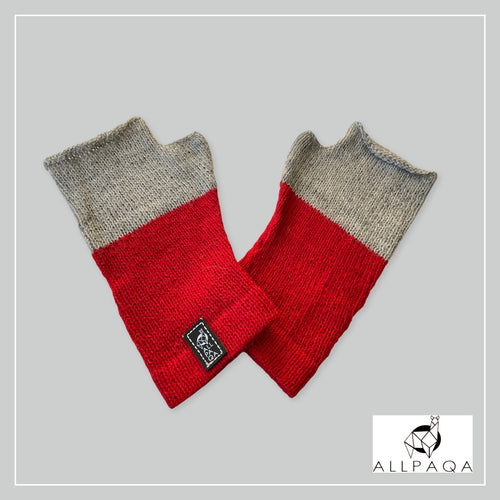 Handmade alpaca fingerless gloves in red and light grey
