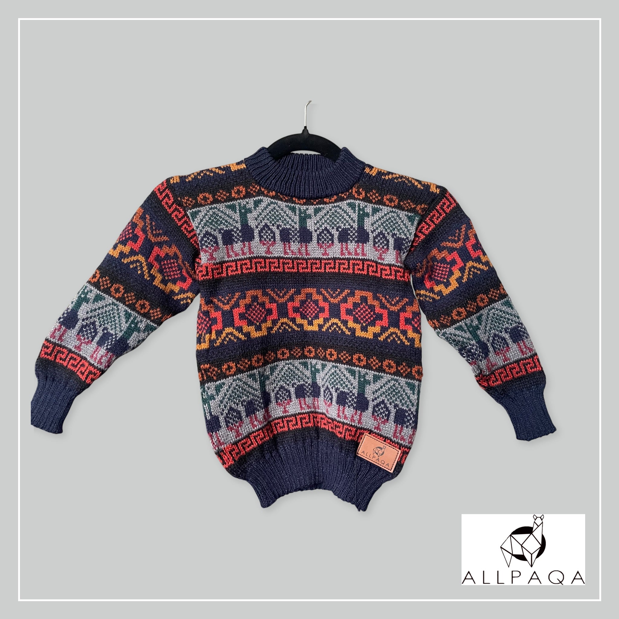 Handmade kids alpaca jersey in dark blue with alpaca pattern