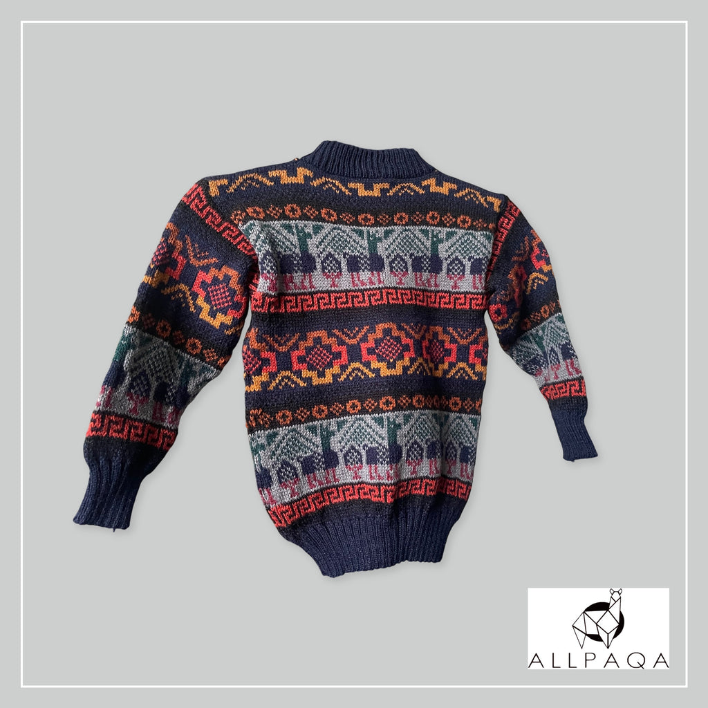 Handmade kids alpaca jersey in dark blue with alpaca pattern