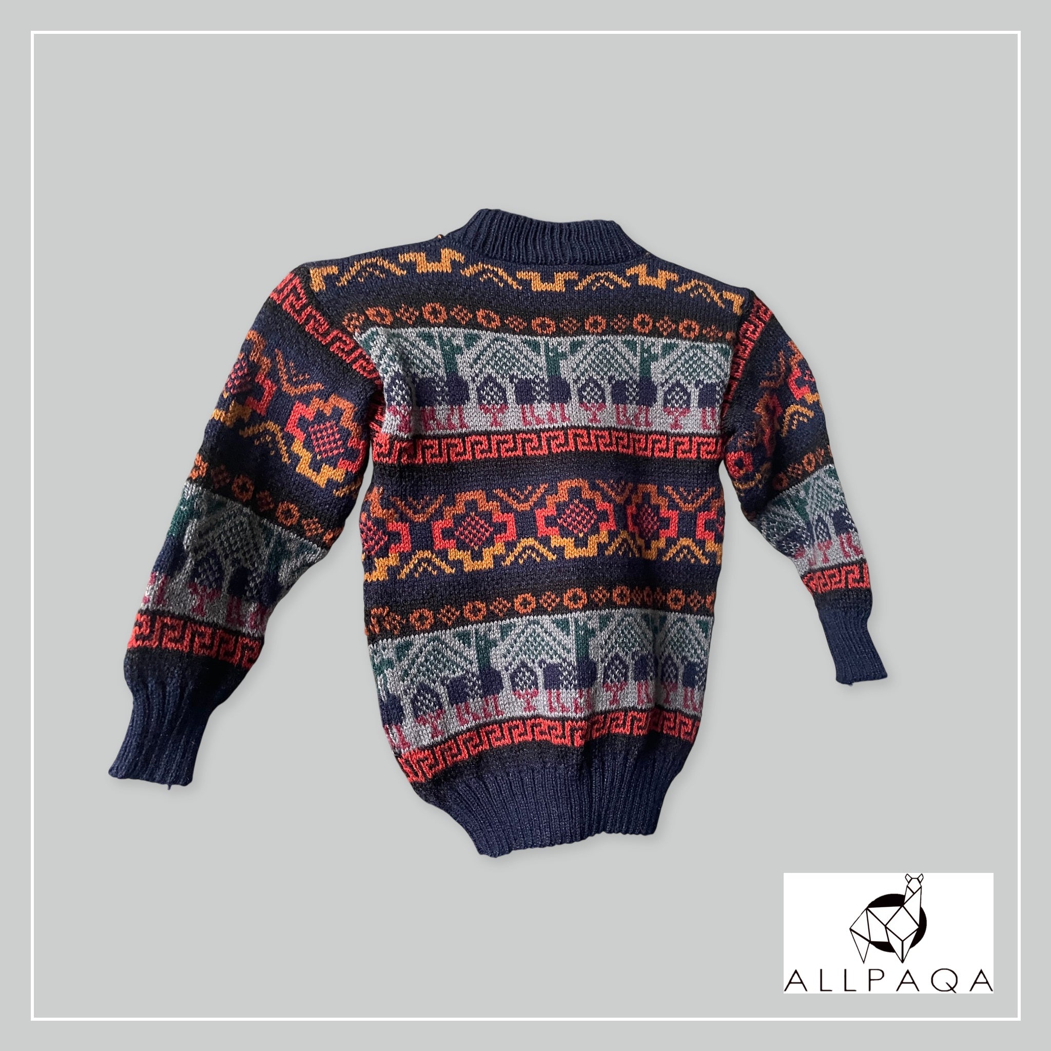 Handmade kids alpaca jersey in dark blue with alpaca pattern