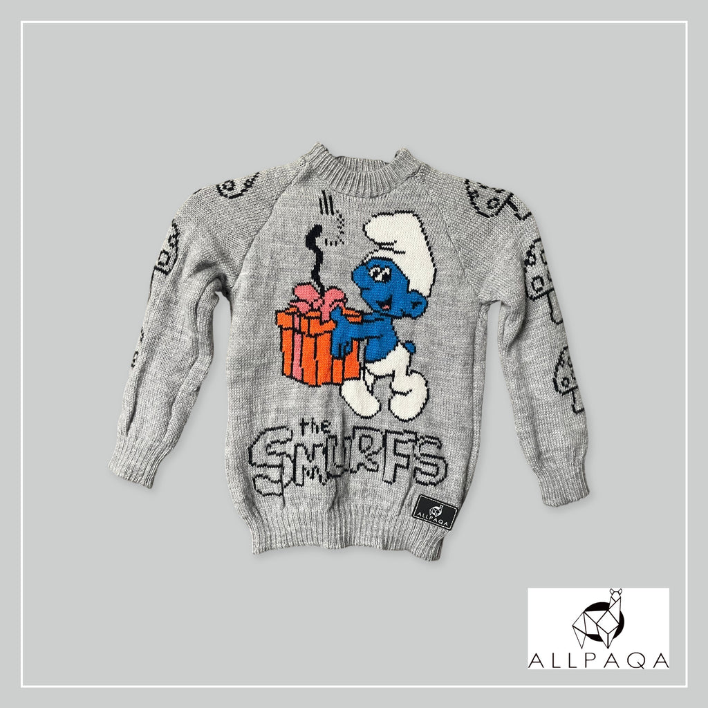 Handmade kids alpaca jersey with Smurfs image