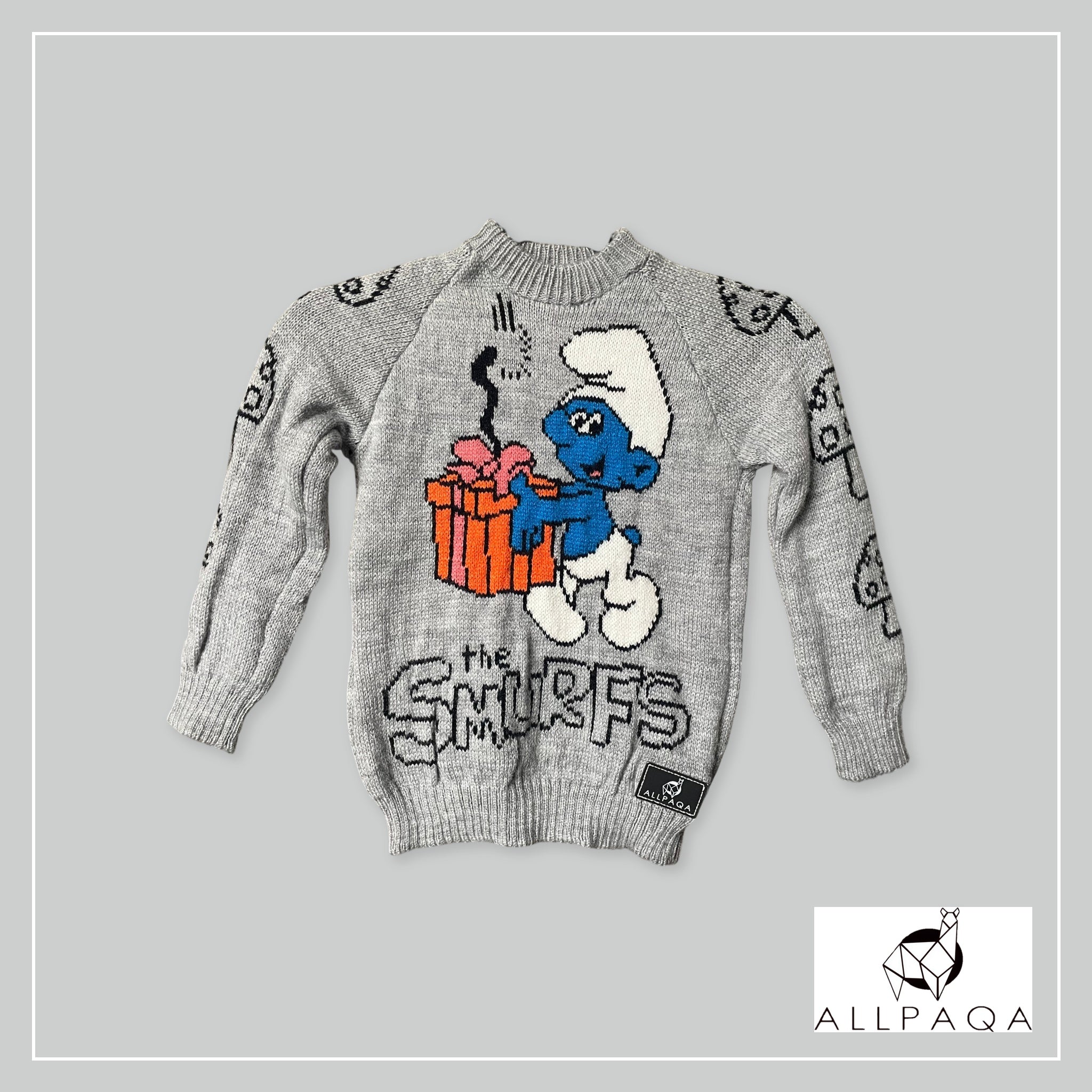 Handmade kids alpaca jersey with Smurfs image