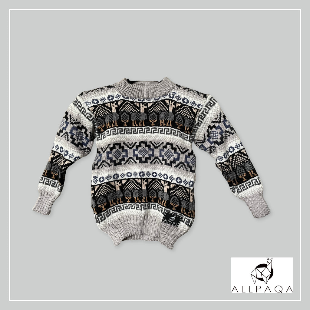 Handmade kids alpaca jersey in light grey with blue alpaca pattern