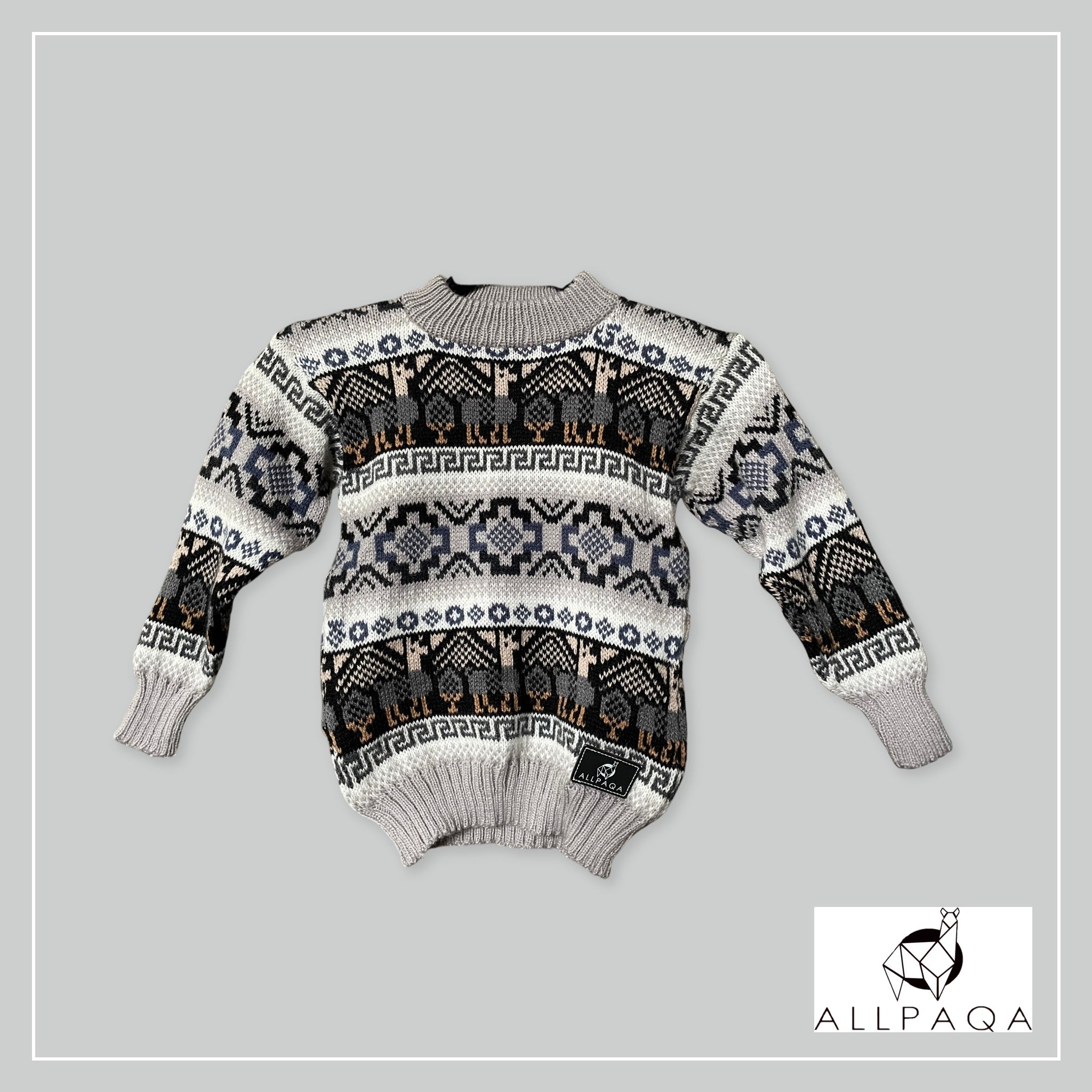 Handmade kids alpaca jersey in light grey with blue alpaca pattern