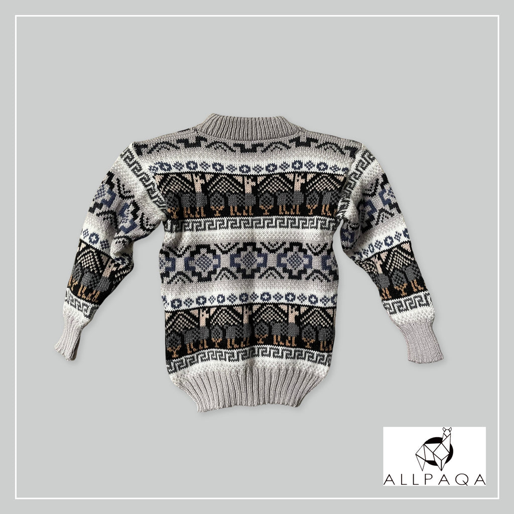 Handmade kids alpaca jersey in light grey with blue alpaca pattern