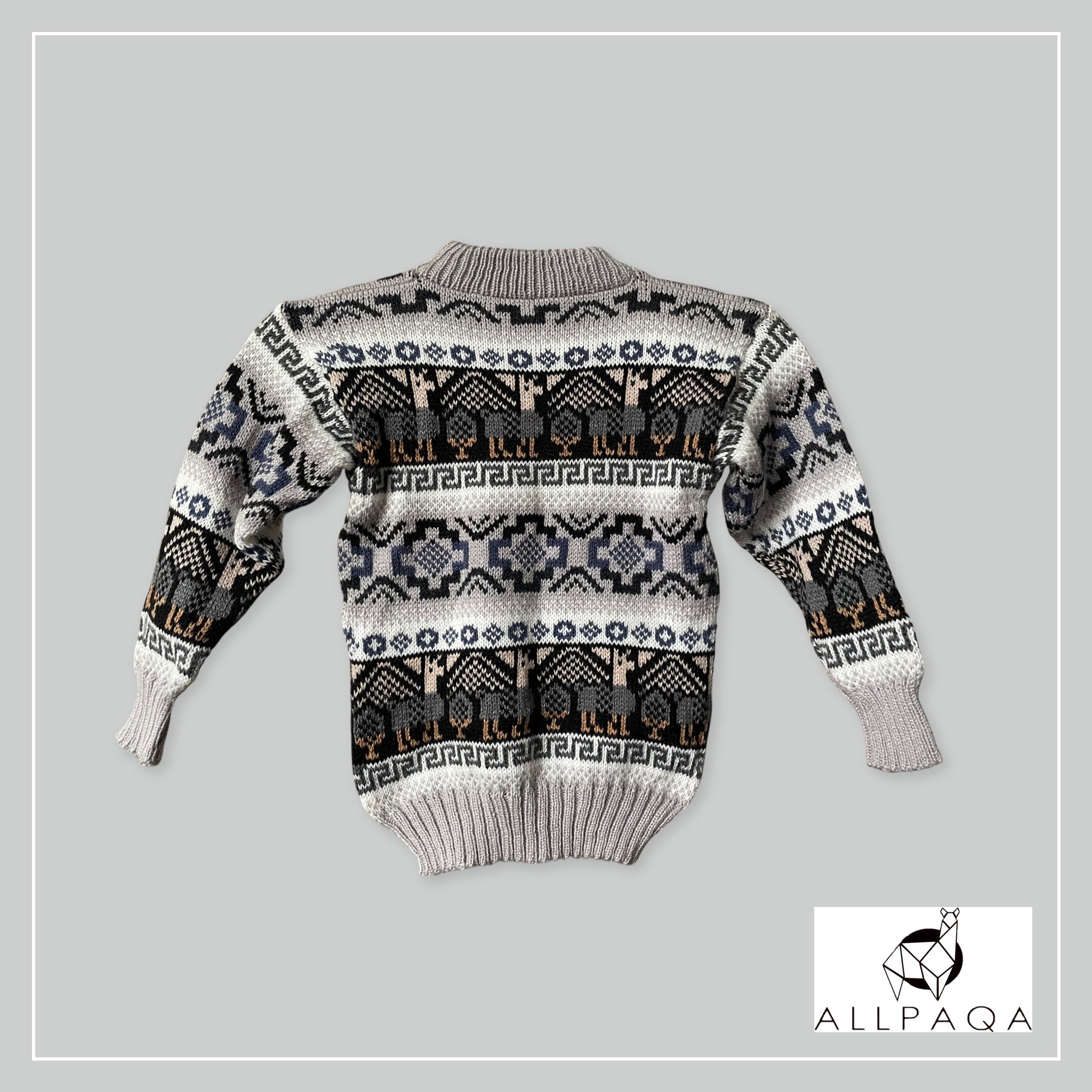 Handmade kids alpaca jersey in light grey with blue alpaca pattern