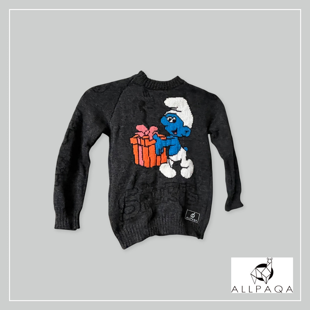 Handmade kids alpaca jersey with Smurfs image
