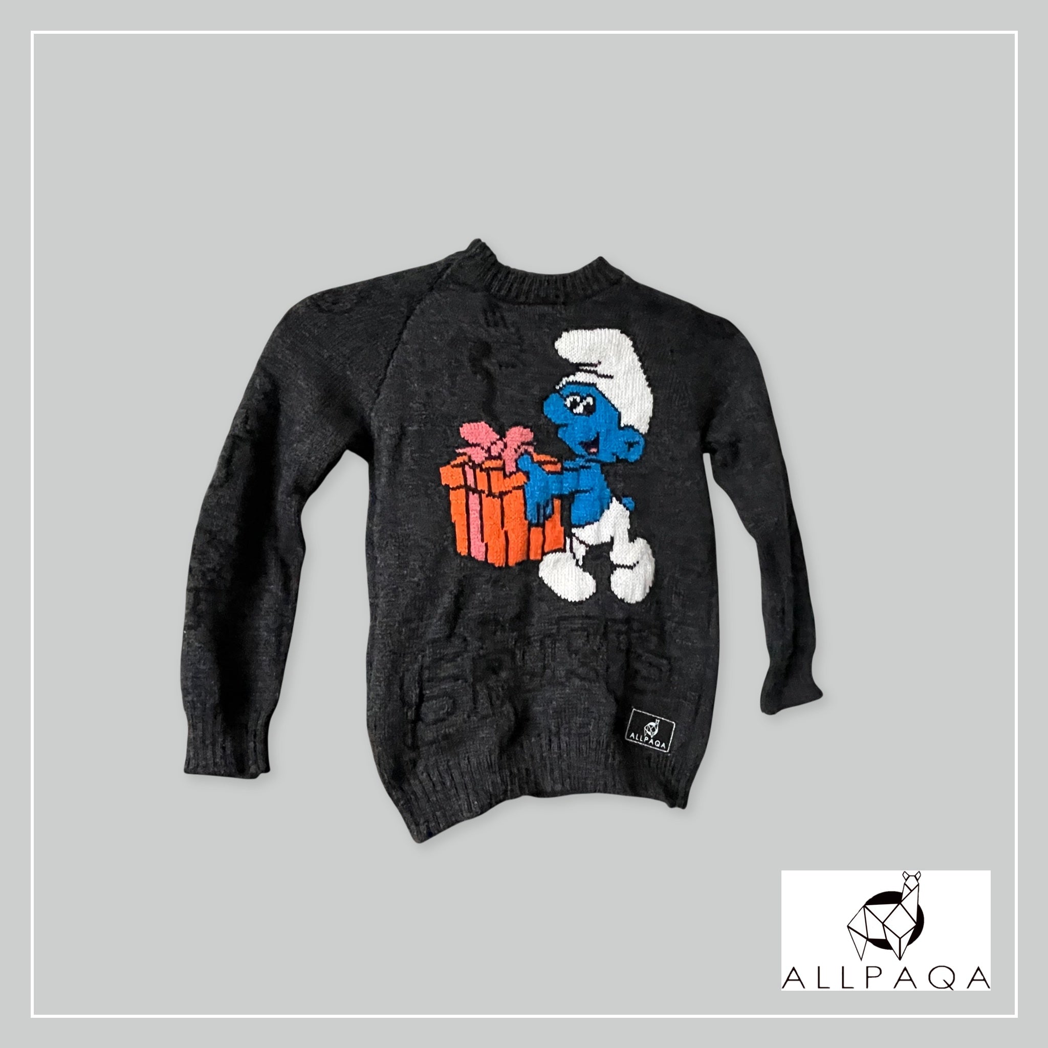 Handmade kids alpaca jersey with Smurfs image