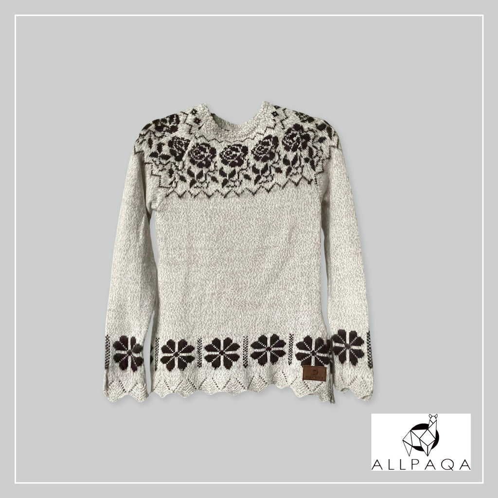 Handmade alpaca jersey in light brown with brown flowers