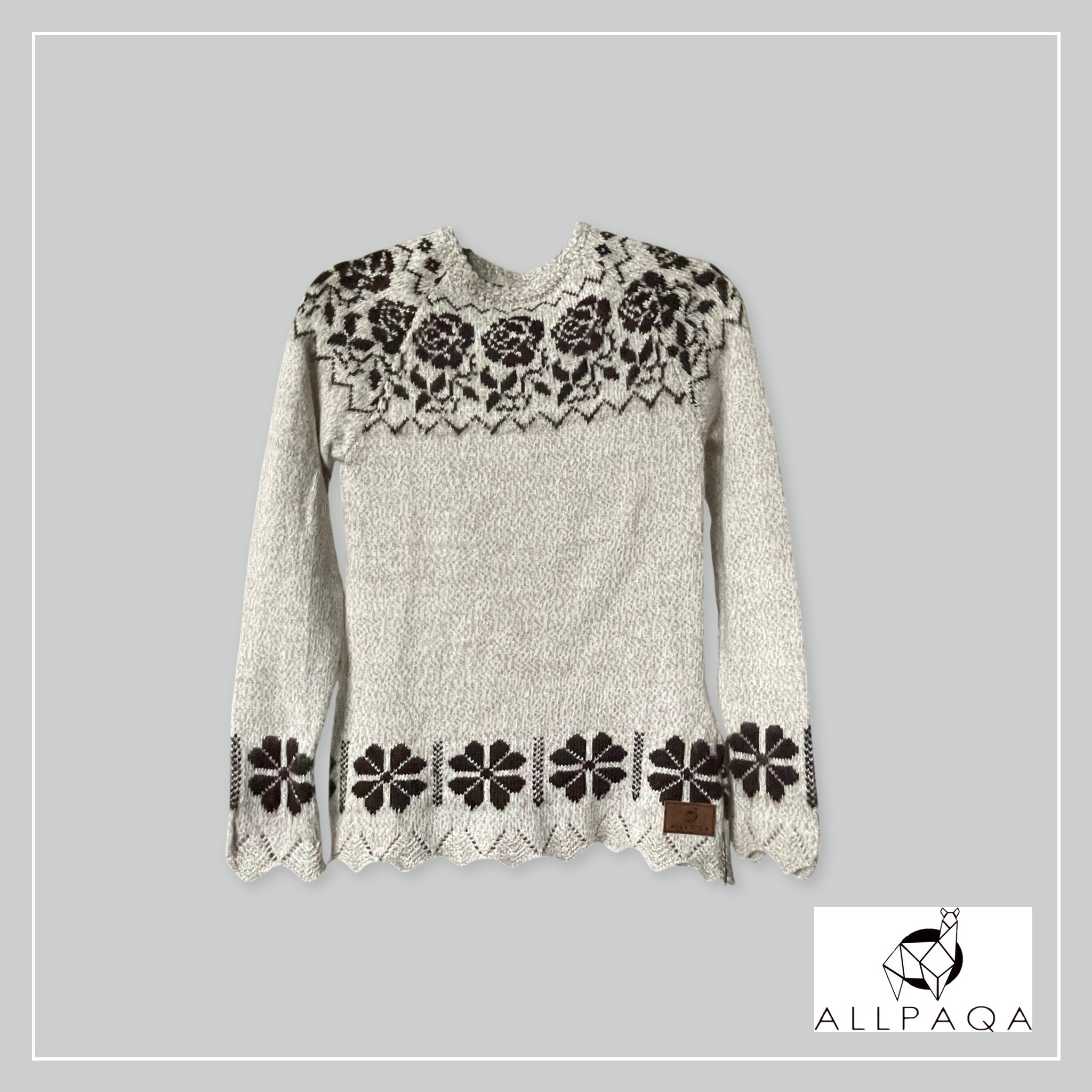Handmade alpaca jersey in light brown with brown flowers