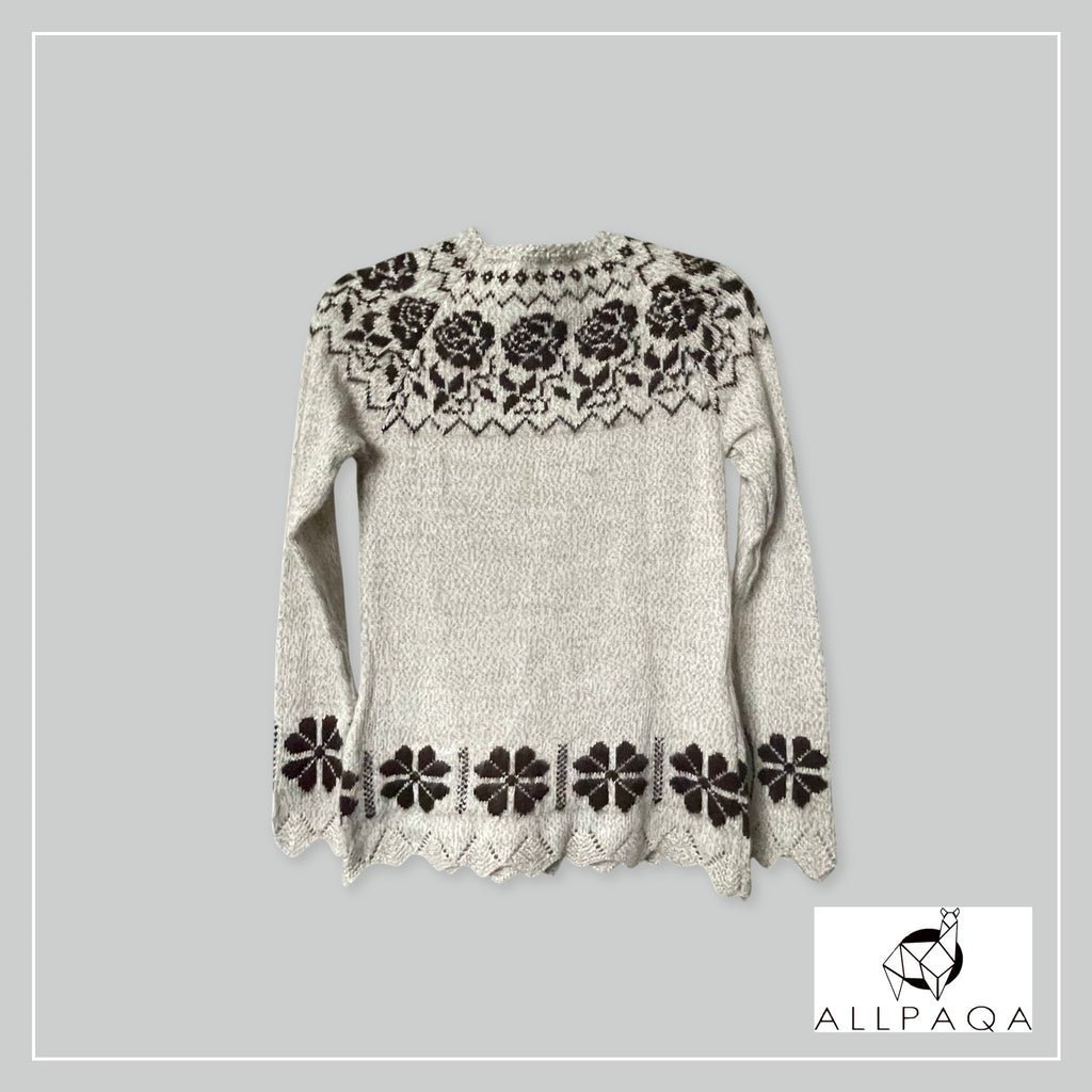 Handmade alpaca jersey in light brown with brown flowers