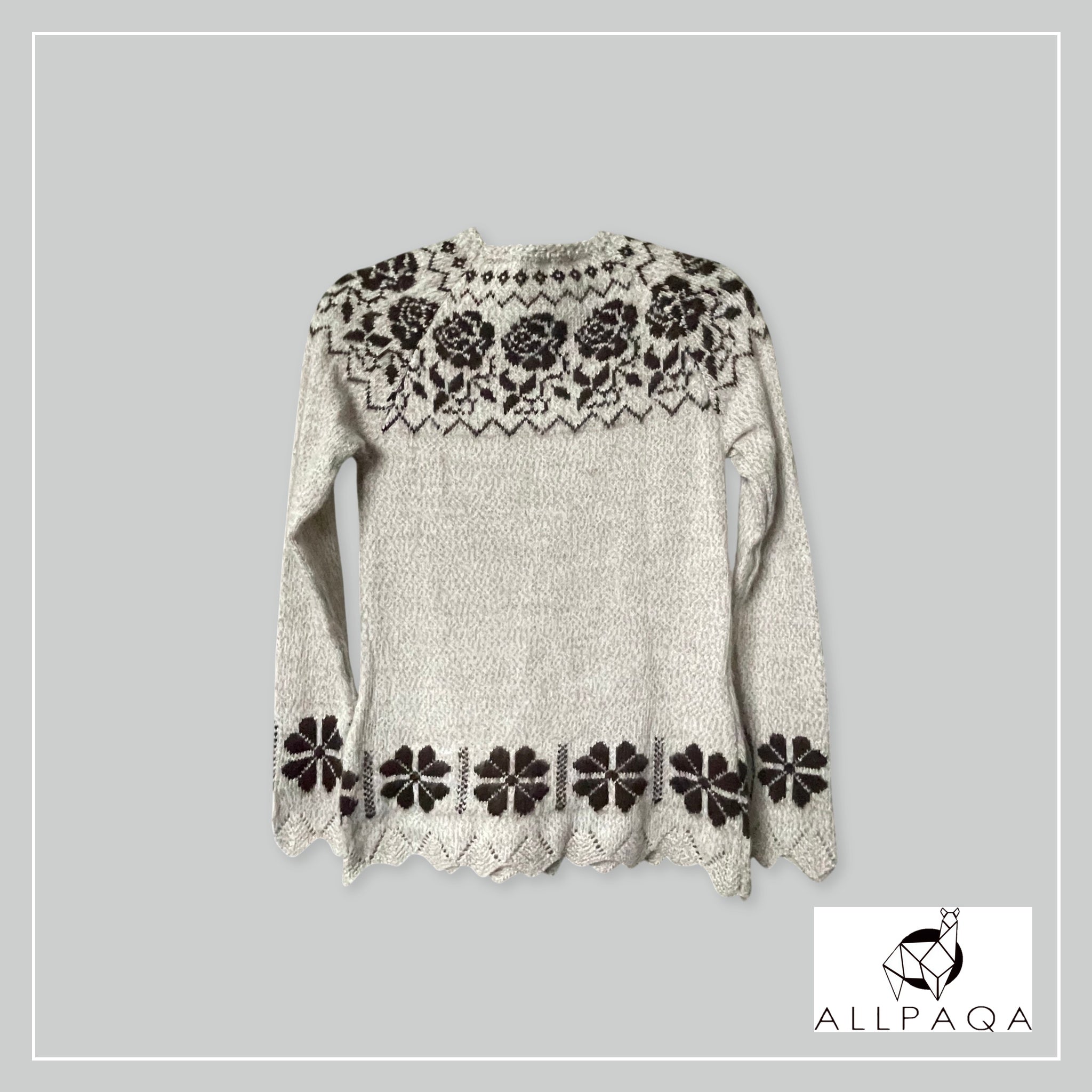 Handmade alpaca jersey in light brown with brown flowers