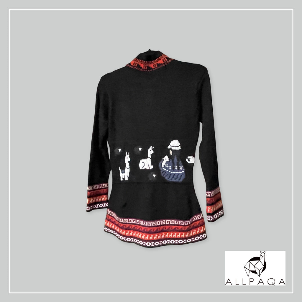 Handmade alpaca jersey in black with Alpacas and Cholita details