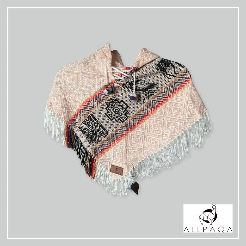 Handmade kids alpaca poncho in peach with alpaca pattern