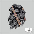Allpaqa NZ Square patterned poncho - Black with alpaca pattern and red strips (XL)